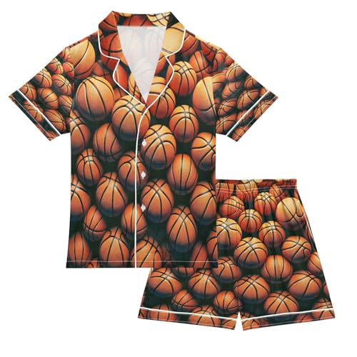 ALAZA Lovely Basketball Ball Satin Pajamas Set Short Sleeve Button Down Sleepwear Summer Pjs 2 Piece