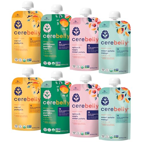 Cerebelly Organic Baby Food Pouches Variety Pack, Veggie & Fruit Purees, 16 Nutrients, No Added Sugar, Fiber & Non-GMO, 4oz, 8 Pack