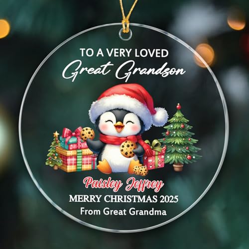 Personalized to A Very Loved Great Grandson Penguin Xmas Ornament Gift, Great Grandson Penguin Ornament from Great Grandpa/Grandma, Customized Text & Name Great Grandson Christmas Ornaments 2025