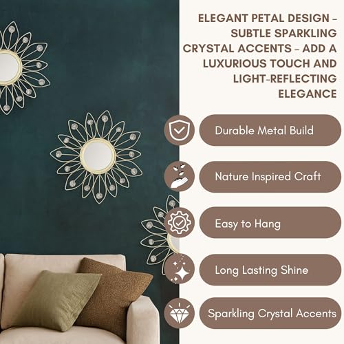 Image of Metal Sunflower Mirror Wall Decor with Crystals Decorative Mirror Wall Mounted | Mirror Wall Decor for Living Room Beautiful Modern Designer | Hanging Mirror Sculpture Set of 3 (Crystal White)
