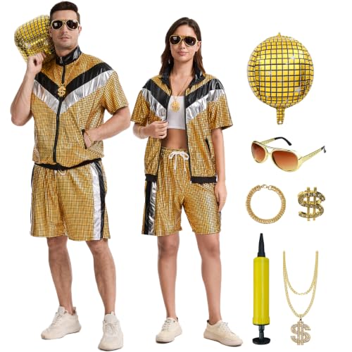 LXWGYAPM Mens 80s 90s Outfit Retro Tracksuit Shirt Shorts Set Hip Hop Disco Fancy Dress (Gold Medium)