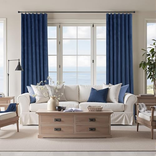 Image of Navy Blue Velvet Curtains 84 Inch Length 2 Panels for Living Room Darkening Thermal Insulated Winter Curtain for Bedroom Midnight Royal Dark Blue Drape Mid Century Modern Decor Back Tab Pocket 84 Long