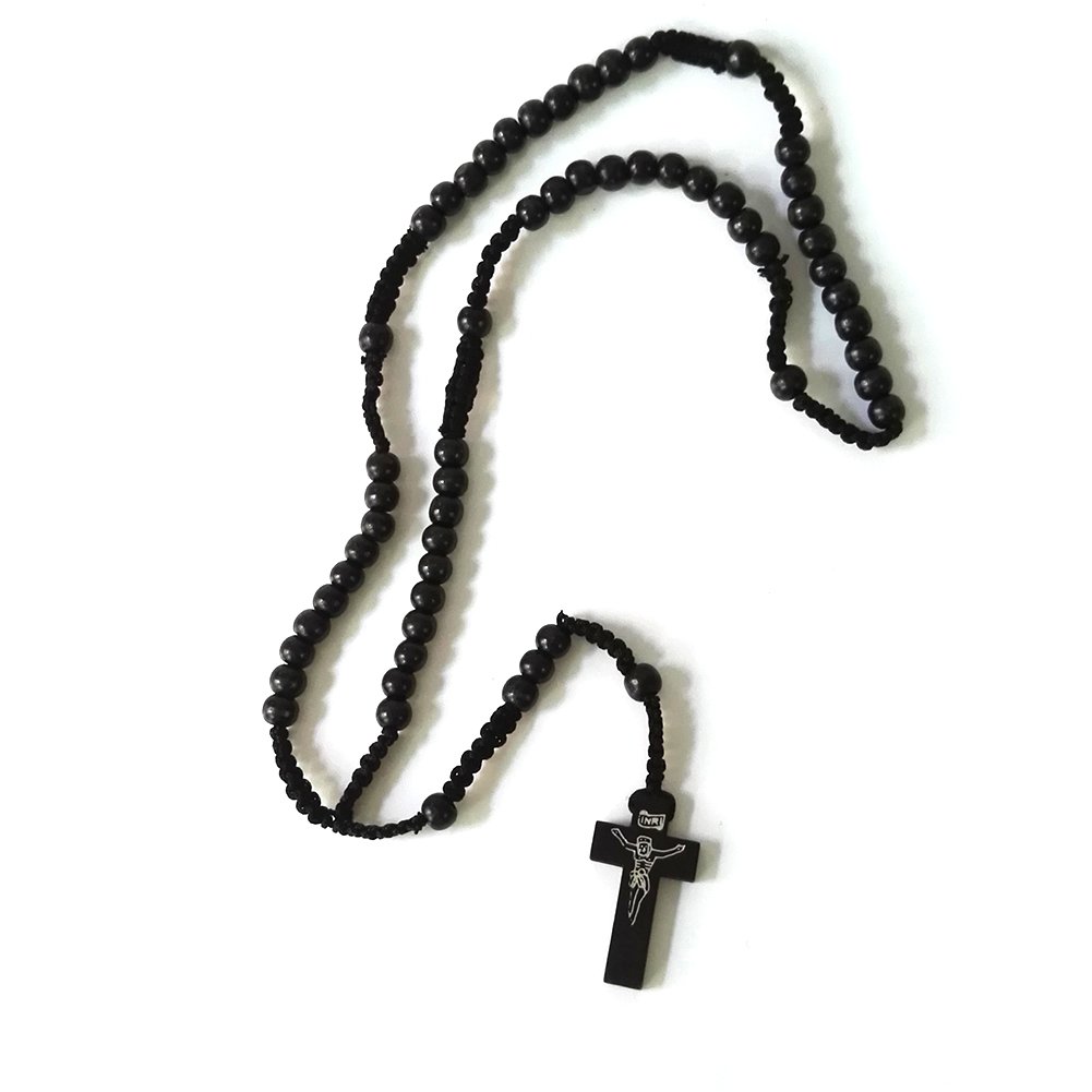 LNIMIKIY Moda retro estilo hombre mujer católico Cristo rosario de madera cuenta cruz colgante cuerda trenzada collar (negro), Negro , Talla única