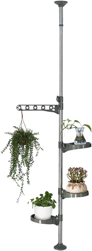Hershii Indoor Plant Stand Pole Tension Rod Corner Standing Shelf Adjustable Flower Pots Holder Display Rack with 1 Hook & 3 Trays - Grey 3 Trays & 1 Hook Gray