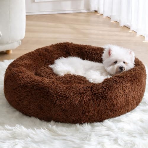 Image of ZEXSAZONE Plush Donut Dog Bed for Dogs & Cats | Soft Calming Anti-Anxiety Pet Bed | Warm Cozy Winter Dog Bed for Puppies | Washable Round Bed (Brown Small)