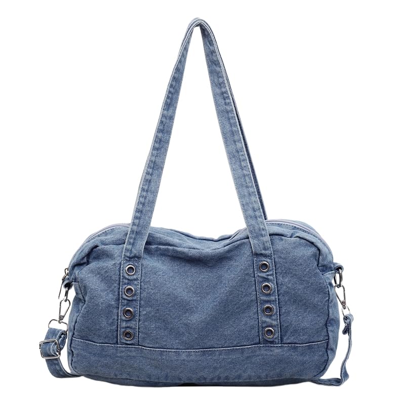 HTU Bolso de hombro casual de mezclilla Bolso bandolera de gran capacidad Bolsos de mezclilla de diseñador con múltiples bolsillos Azul casual para mujer Uso diario (Azul oscuro) (B)