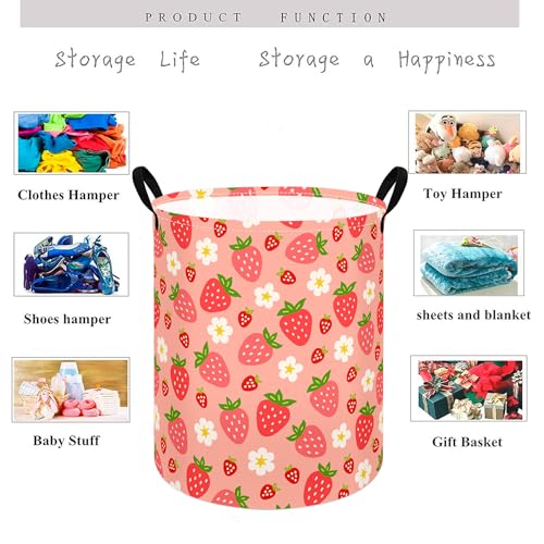 Image of Kids Laundry Hamper Clothes Gift Basket Storage Laundry Baskets Organizer Bin with Handles for Nursery Room (Strawberry)