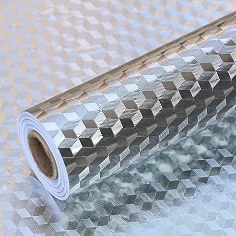 Oil Proof Stickers Silver Self Adhesive Wallpaper 40 x 500cm Aluminum Silver Foil Peel and Stick Waterproof Film Sticky Back Plastic Vinyl Roll for Kitchen Worktop Drawer Liners Shelf Backsplash DIY Cover