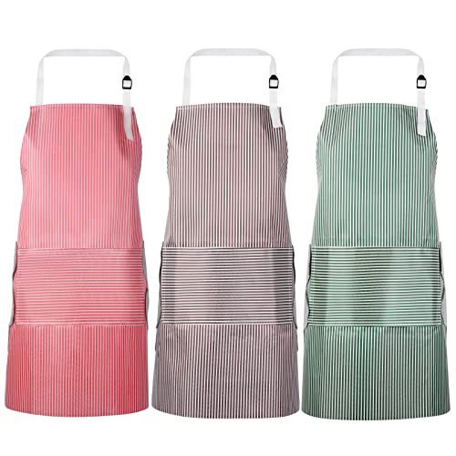 MINGYOUSHI Cooking Apron Ladies, 3pcs Apron Ladies Vintage Set with Pocket Adjustable Kitchen Apron Waterproof Can Wipe Hands Women and Men Bib Apron BBQ Apron for Cooking or Baking(Red/ Green/Brown)