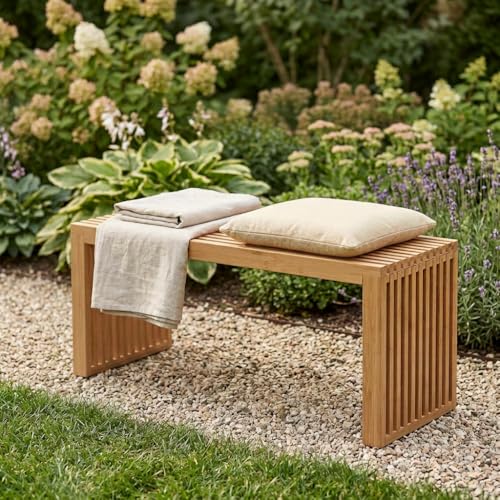 BAM BOO BOX Bambus Gartenbank mit wetterbeständiger Schutzlackierung – Sitzbank für Garten, Balkon und Terrasse – Balkonbank 90x33x43 cm - Holzbank Outdoor bis 250 kg belastbar
