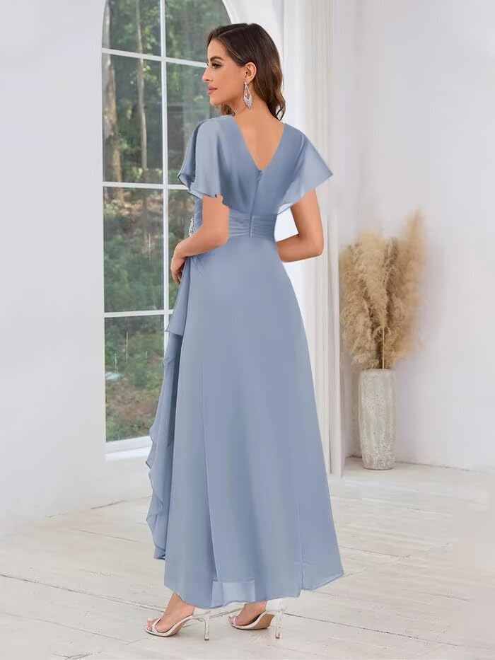 GUKARLEED Women’s Ruffles Floral Mother of The Bride Dresses with Beaded Sleeves Long V Neck Formal Dress for Wedding Guest3