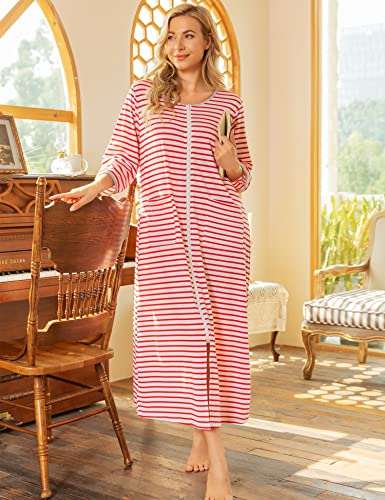 Image of Bloggerlove Zipper Front Robes for Women House Coat Half Sleeve Loungewear Long Nightgown with Pockets S-3XL