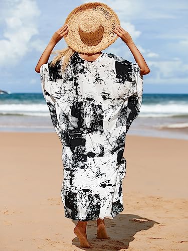 Image of sunforyou Kaftan Dresses for Women Plus Size Lightweight Swimsuit Cover up Batwing Sleeve Print Loungewear Beach Robe