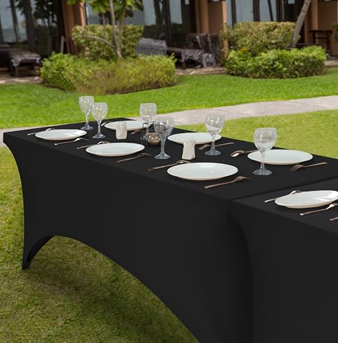 image for Utopia Kitchen 8FT Spandex Tablecloth [2 Pack, Black] 200 GSM Stretch,