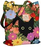 Miss Adola Corduroy Tote Bag for Women - Reusable Totes with Inner Pocket & Buckle Cute Aesthetic Design Cloth Shopping Grocery Shoulder Bag for Work Travel, Cat In Flower