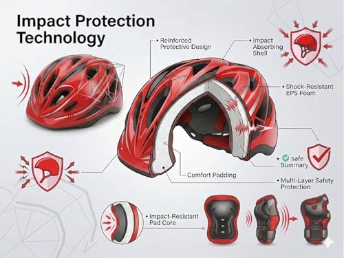Image of JERN 7 Pieces Kids Children Plastic Roller Skating Bicycle Cycling Scooter Helmet Knee Elbow Pad Wrist Guard Set (Red)