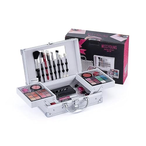 All In One Makeup Kit-Professional Makeup Set for Girls and Women - Starter Makeup Case with Eye Shadow Palette Lip Balm Blush Lip Gloss Brush Lip Pencil Eye Pencil and Mirror