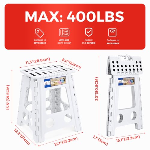 Image of ACKO Folding Step Stool Foldable 16 Inch 400 lbs Capacity, Plastic Stools for Adults and Kids, Collapsible Stools for Kitchen, Stepping Stool with Handle (White)