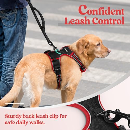 Image of rabbitgoo Dog Harness No Pull with 2 Leash Clips, Adjustable Soft Padded, Reflective Oxford No Choke Pet Vest with Easy Control Handle for Large Dogs, Black & Red, XL