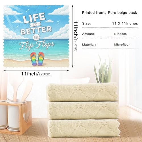 Image of Cotton Kitchen Dish Cloths, Life is Better in Flip-Flops Inspiration Quote on Ultra Soft Absorbent Quick Drying Dish Towels, 11 x 11 Inches, 6-Pack, Reusable Cleaning Cloths