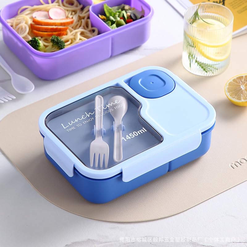 Vonmerie Microwellen- & kühlschrankfeste Lunchbox mit Besteck – 100% dicht, Trennfach & Dip-Behälter, 1450ml (blau)