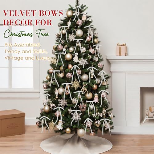 Image of 24 PCS Velvet Bows Christmas Ornaments Decorations, Sparkly Glittery Silver White Velvet Christmas Tree Bows Decor, Unique Vintage Elegant Xmas Home Holiday Decor for Tree Mantle Wreath Gift Wrapping