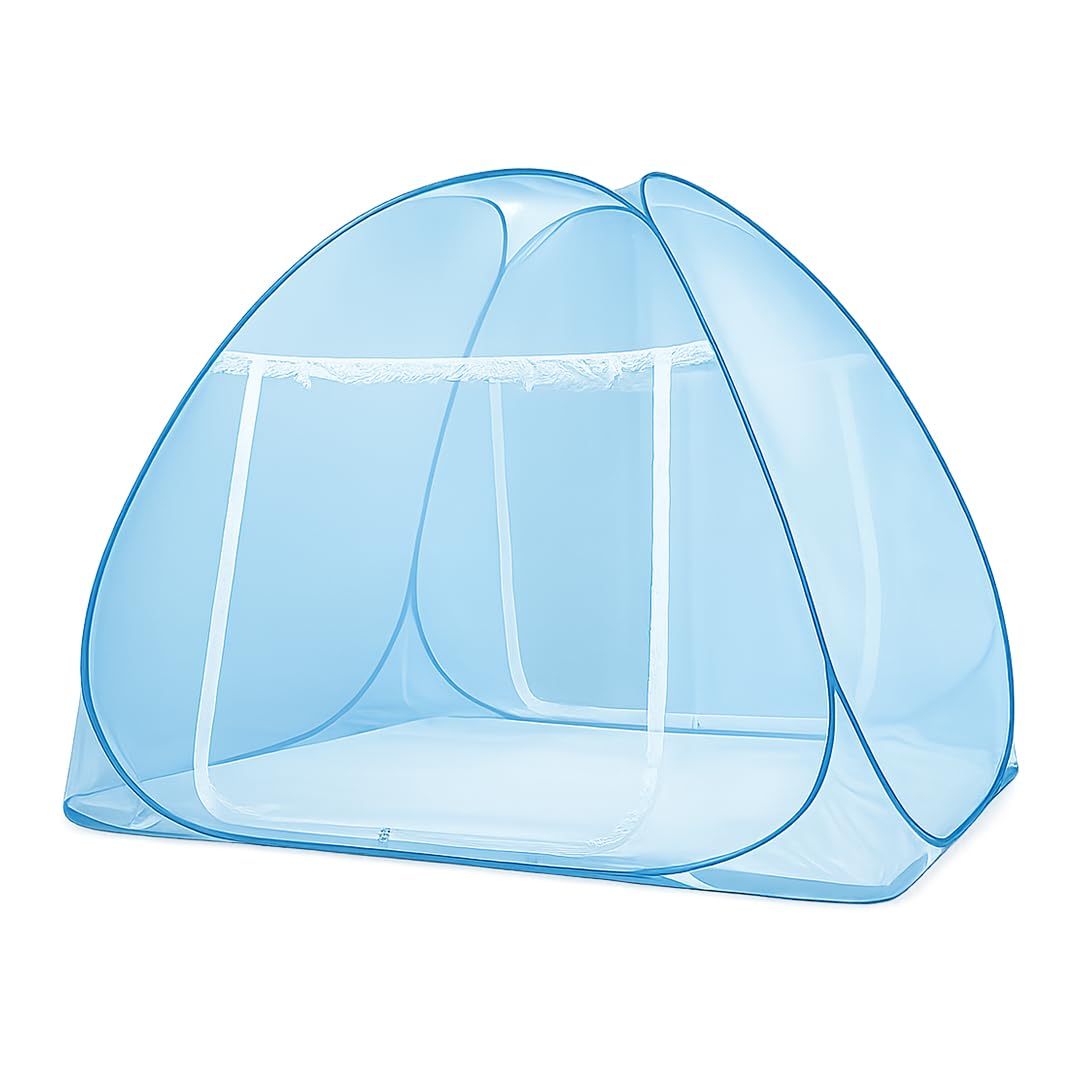 Mosquito Net for Double Bed with 360° Full Coverage with Bottom Base Fabric | King Size Foldable Machardani | Polyester 30GSM Strong Net | PVC Coated Corrosion Resistant Steel Wire - Blue-image-16