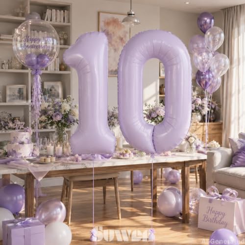 Image of SUWEN 40 Inch Light Purple Large 10 Balloon Number Big Foil Helium Lavender Number Balloons Huge Mylar 0-9 Giant Jumbo Happy 10th Birthday Party Anniversary Decorations