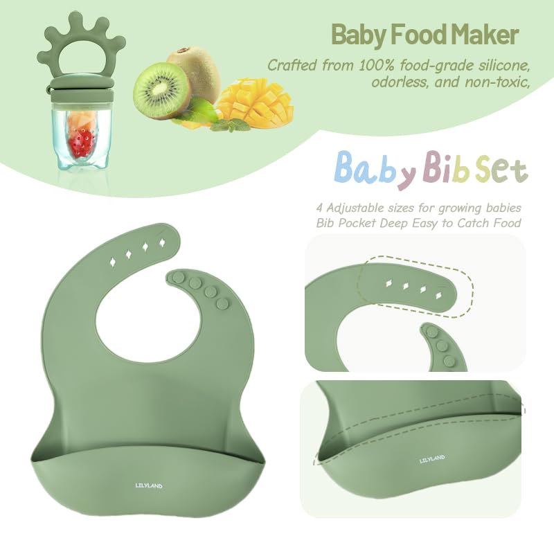 Silicone Fruit & Food Feeder with Lid, 1 Feeder 1 Freezer Tray with Lid + 2 Silicone Bibs with Food Catcher & 2 Sets of Spoons & Forks, 100% Food Grade Feeder, Infant Pacifier Feeder and Teether