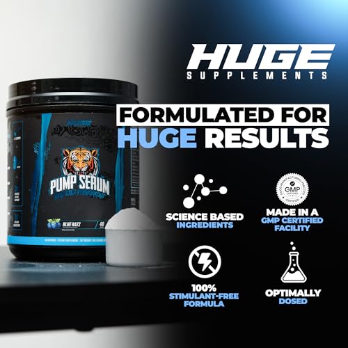 Image of Pump Serum Non Stim Pre-Workout - Fully Loaded Stimulant Free Pre Workout for Extreme Pumps, Vascularity & Muscle Fullness, with L-Citrulline, HydroPrime & Nitrates, Blue Razz, 40 Servings