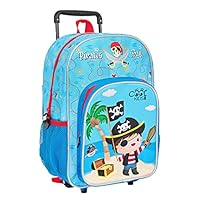PERLETTI Travel Backpack for Boys with Detachable Wheels Colourful Print - Small Carry On Rucksack for Kids Blue - Trolley for Little Children Lightweight Reflective Details - 36x25x15cm