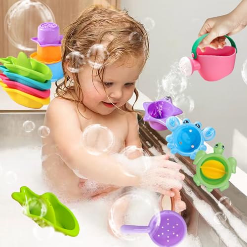 Vlecexs 10 Stück Baby Badespielzeug Badewannenspielzeug Wasserspielzeug Kinder ab 1 2 3 4 Jahre Jungen Mädchen Pool Strand Spielzeug Babys Kleinkinder Schwimmbad Schimmelfreies Spielzeug Stapelbecher