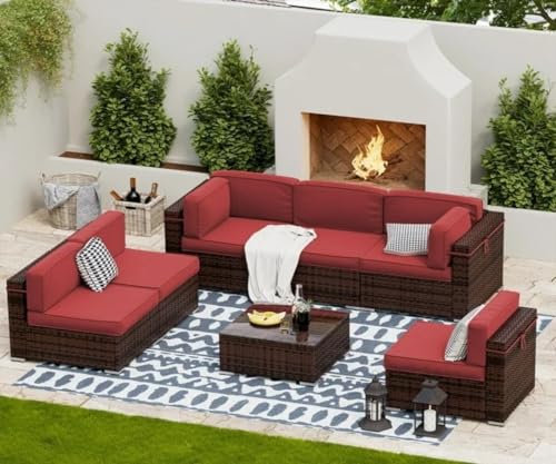 Image of 6 Seater Outdoor Patio Sectional Sofa Set| Wicker Furniture Conversation Sets with Washable Cushions, and Glass Coffee Table for Garden, Poolside, and Backyard. (Red0832)