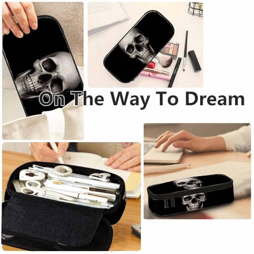 Image of Yekiua Human Skull Pencil Holder Fashion Dramatic Lightning Big Capacity Pencil Case Multi-Purpose Makeup Pouch For Office College Adult Black