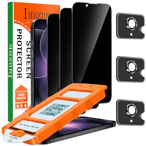 IMBZBK [Auto-Dust Removal] 3 Pack Privacy Screen Protector for iPhone 17e / iPhone 16e Anti Spy Private Accessories, Case Friendly Film, Military Grade Tempered Glass 3 Camera Lens Protector