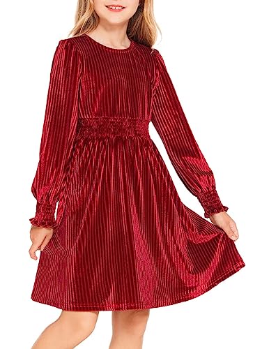 Arshiner Kleid Mädchen Freizeitkleid Langarm Samtkleid Vintage Herbstkleid Weihnachtskleid Rot Partykleid Prinzessin Einfarbig Winterkleid 8-9 Jahre