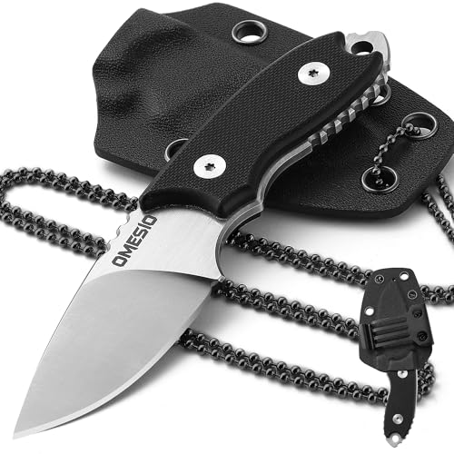 Omesio Neck Knife, kleines feststehendes D2 EDC Messer mit Kydexscheide und Kugelkette, Hals Messer für Outdoor (Schwarz)