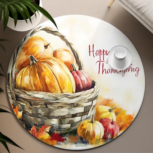 秋の収穫祭 100cm - 丸い敷物感謝祭のカボチャバスケットパターンの低パイルサークルフロアマットリビングダイニングルームキッチン用