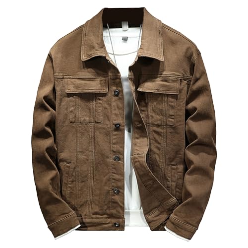 DGKaxiyaHM Men's Distressed Button Front Denim Jacket Classic Casual Trucker Jean Coat Lapel Washed Fashion Outerwear (Large,Brown)