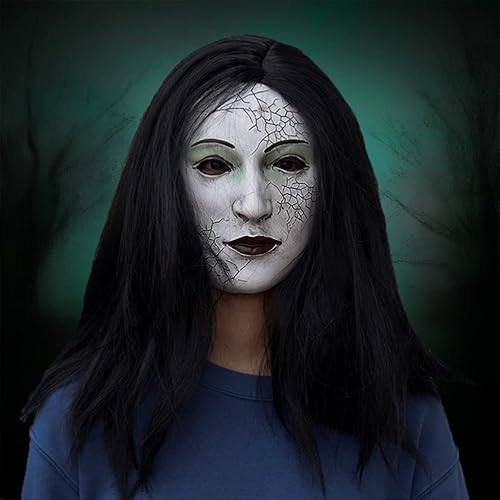 Miniatura 4 de Máscara de fantasma femenina, diablo de terror con pelo largo, disfraz de mal aterrador para Halloween, espeluznante fiesta de cosplay, accesorios