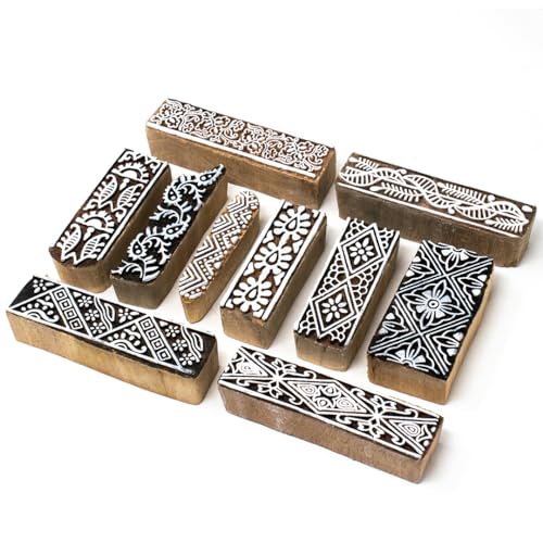 Image of Wooden Indian Traditional Design Printing Stamps / Blocks for Printing Saree Border / Dresses / Craft Card Making / Scrapbook / Clay Pottery (Set of 10)