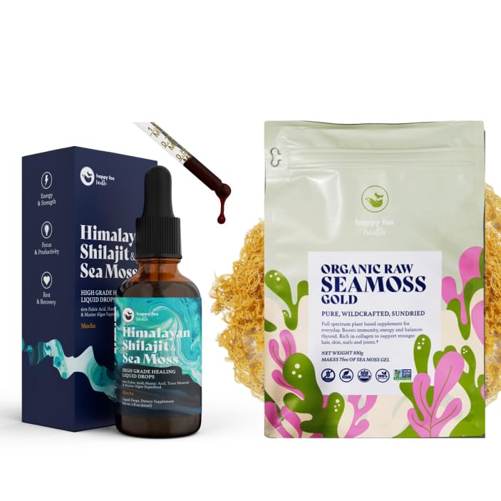 HAPPY FOX Shilajit + paquete de musgo marino crudo, gotas líquidas de moca con shilajit del Himalaya y musgo marino irlandés + musgo marino dorado