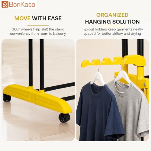 Image of BonKaso AirFold Plus 3-Tier Foldable Clothes Drying Stand, Laundry Rack with Wheels and 8 Hanger Slots for Indoor Outdoor Home