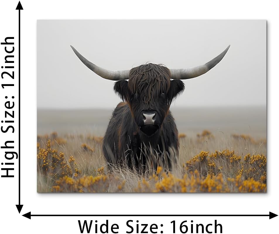 Novatique Highland Cow Wall Art Country Farmhouse Wall Decor Highland Cow Art Print Scottish Cattle Canvas Print for Living Room Bedroom Kitchen Decor, 12 x 16inch