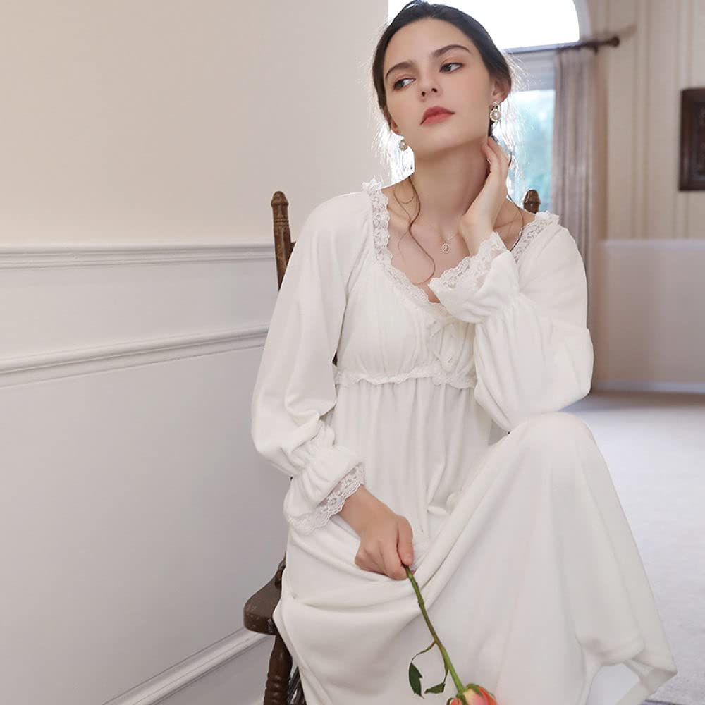 Mujer De Algodón Camisón,Camisones De Mujer De Manga Larga Beige Moda Sexy De Encaje En V Profundo Camisón De Franela Suave Cuello En V Suelto Bata Informal Camisón Largo Ropa De Hogar De Invier