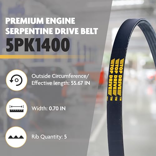 Image of Top Drive, 5PK1400, Premium Engine EPDM Serpentine Belt, 55.67 inch Length | 5-Rib, Automotive Replacement Serpentine Belt, Equivalent References K050551 and 5050551