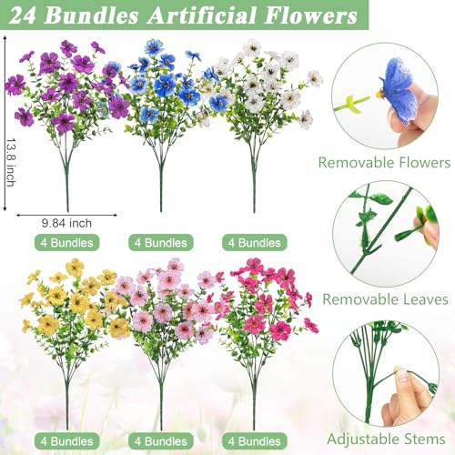 Image of Bassion 24 Bundles Artificial Flowers for Outdoors Fake Flowers, Colorful | UV resistant, silk flowers, realistic faux plants for outdoor planter, window box porch patio garden home outside decor