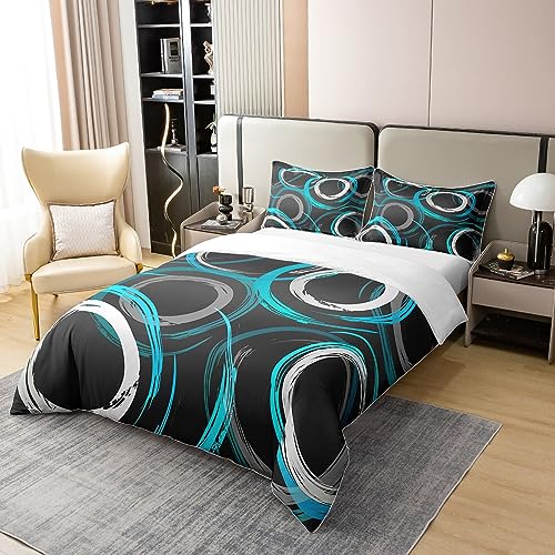 Geometric Cotton Duvet Cover for Kids Boys Girls,Mid Century Swirl Circle Bedding Set Super King,Watercolor Ombre Comforter Cover,Abstract Art Bed Sets with 2 Pillowcases,Teal Black White - Image 3