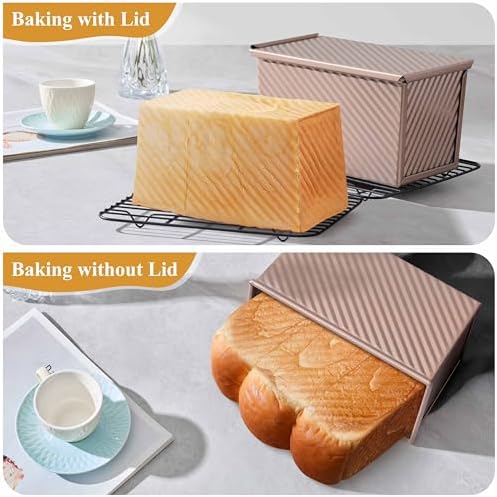 LIANYU Pullman Loaf Pan with Lid, 2 Pack 1 Pound Bread Loaf Baking Pan, Nonstick Homemade Sourdough Sandwich Bread Toast Box, Heavy Duty Corrugated Bakeware Tins with Cover, Rose Gold - Thumbnail 5
