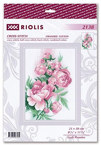 Image of RIOLIS - Lush Peonies 2138, Cross Stitch Kits 8 inch x 11 inch, Cross Stitch Kits for Adults, Floral Counted Cross Stitch Kits, Embroidery Kit for Beginners & Advanced, Crossstitching Kits